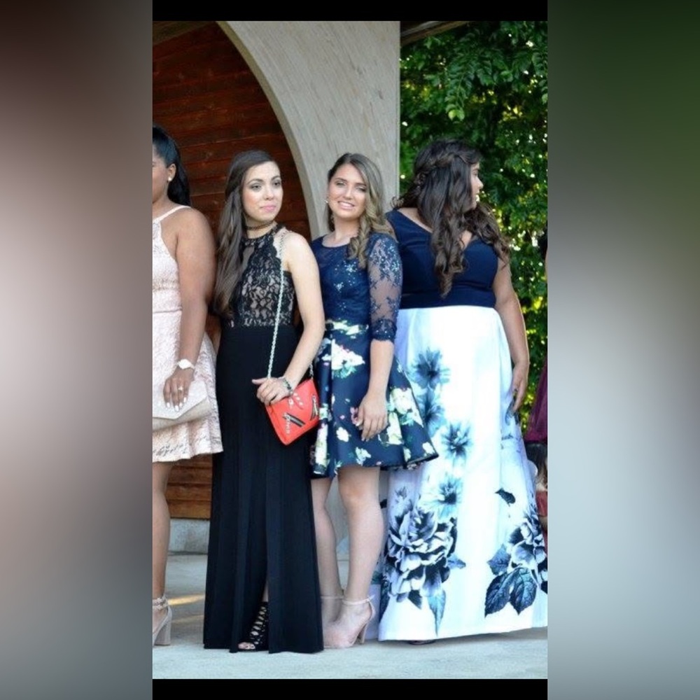 Prom or graduation 2 piece- Navy Sequin Top and Floral Skirt Set with peplum - Picture 12 of 12
